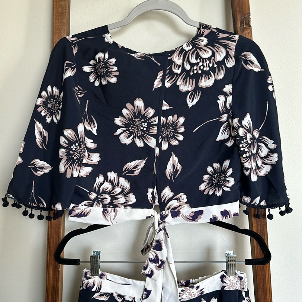 Band of Gypsies Two Piece Pom Pom Trim Mini Skirt and Kimono Style Crop Top Set - Picture 4 of 6